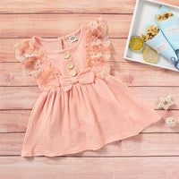 Girls Sleeveless Solid Color Lace Button Bow Decor Dress Girl Wholesale - PrettyKid