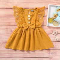 Girls Sleeveless Solid Color Lace Button Bow Decor Dress Girl Wholesale - PrettyKid