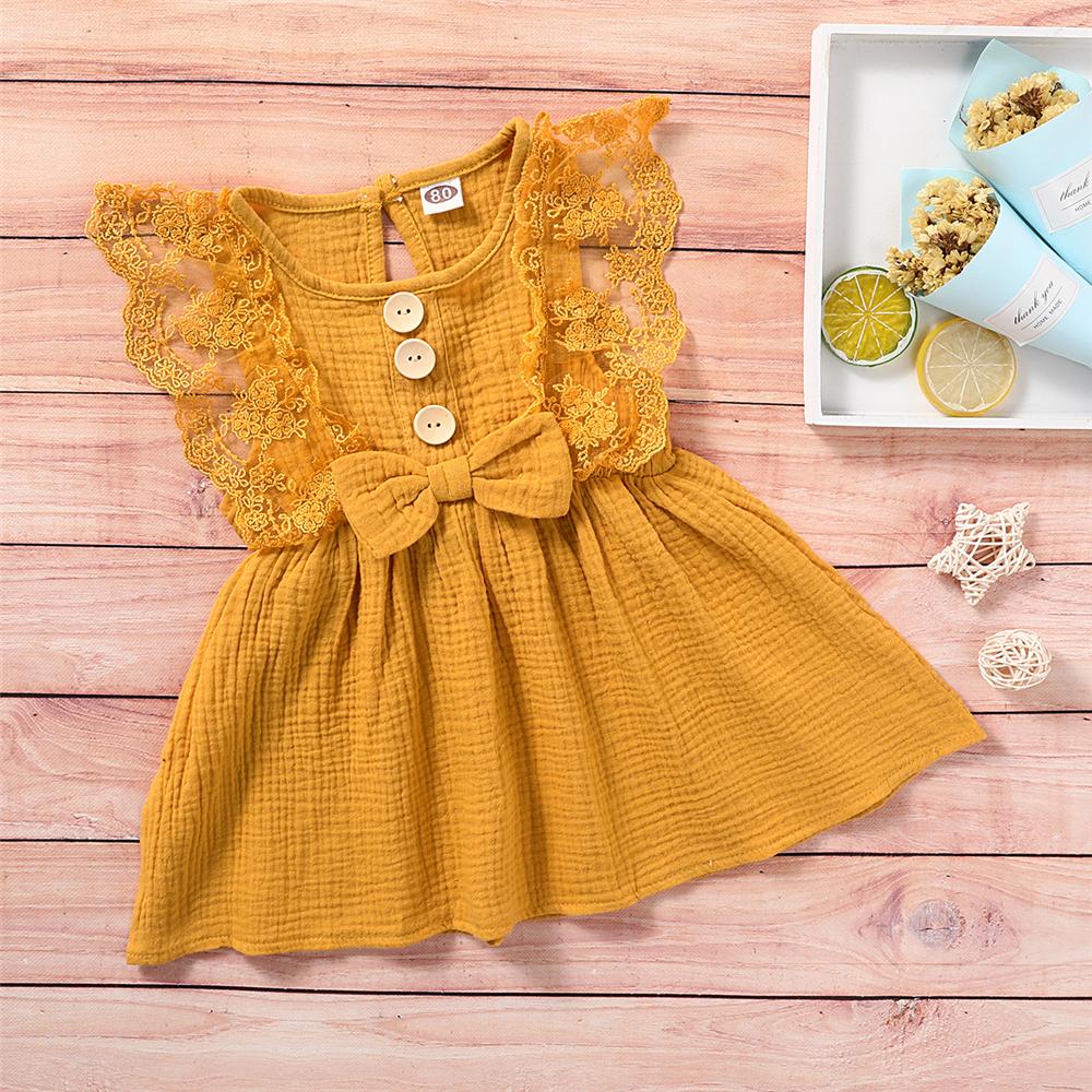 Girls Sleeveless Solid Color Lace Button Bow Decor Dress Girl Wholesale - PrettyKid