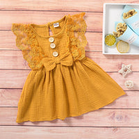 Girls Sleeveless Solid Color Lace Button Bow Decor Dress Girl Wholesale - PrettyKid