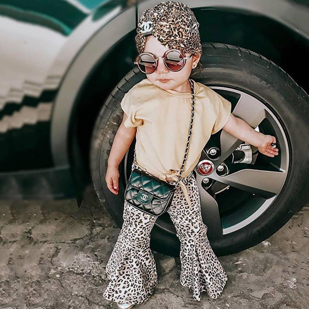 Girls Sleeveless Solid Color Tie Up Top & Leopard Flared Pants Wholesale Little Girls clothing - PrettyKid