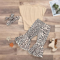 Girls Sleeveless Solid Color Tie Up Top & Leopard Flared Pants Wholesale Little Girls clothing - PrettyKid