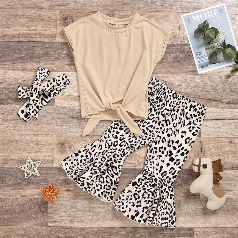 Girls Sleeveless Solid Color Tie Up Top & Leopard Flared Pants Wholesale Little Girls clothing - PrettyKid