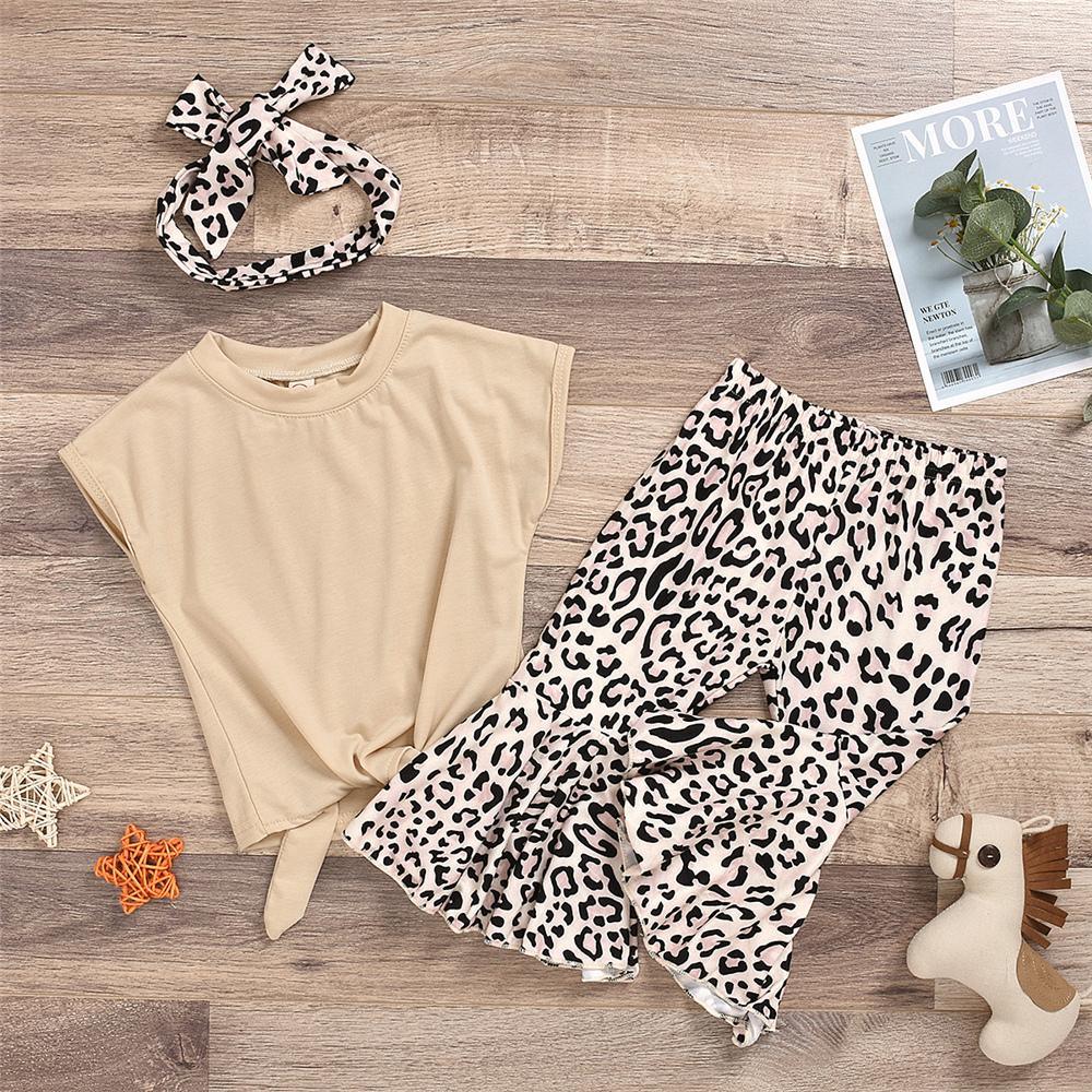 Girls Sleeveless Solid Color Tie Up Top & Leopard Flared Pants Wholesale Little Girls clothing - PrettyKid
