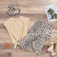Girls Sleeveless Solid Color Tie Up Top & Leopard Flared Pants Wholesale Little Girls clothing - PrettyKid