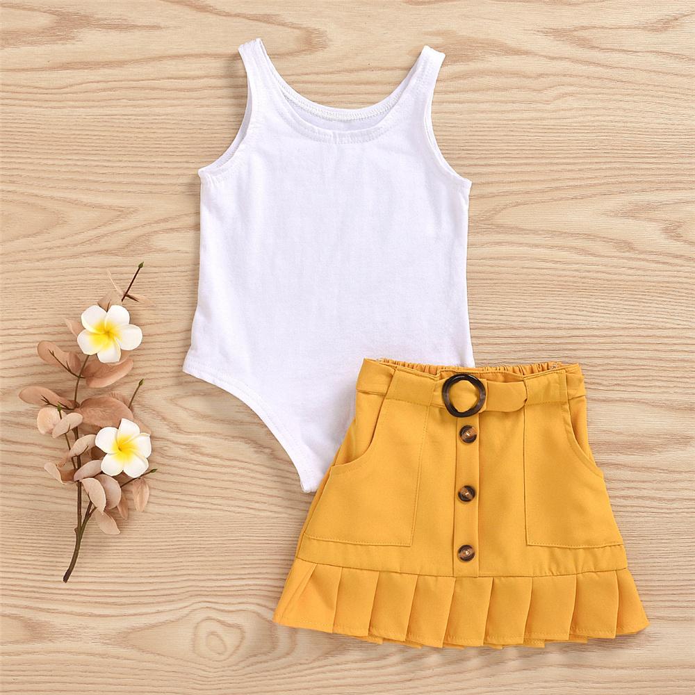 Girls Sleeveless Solid Vest & Button Skirt Girls Clothing Wholesalers - PrettyKid
