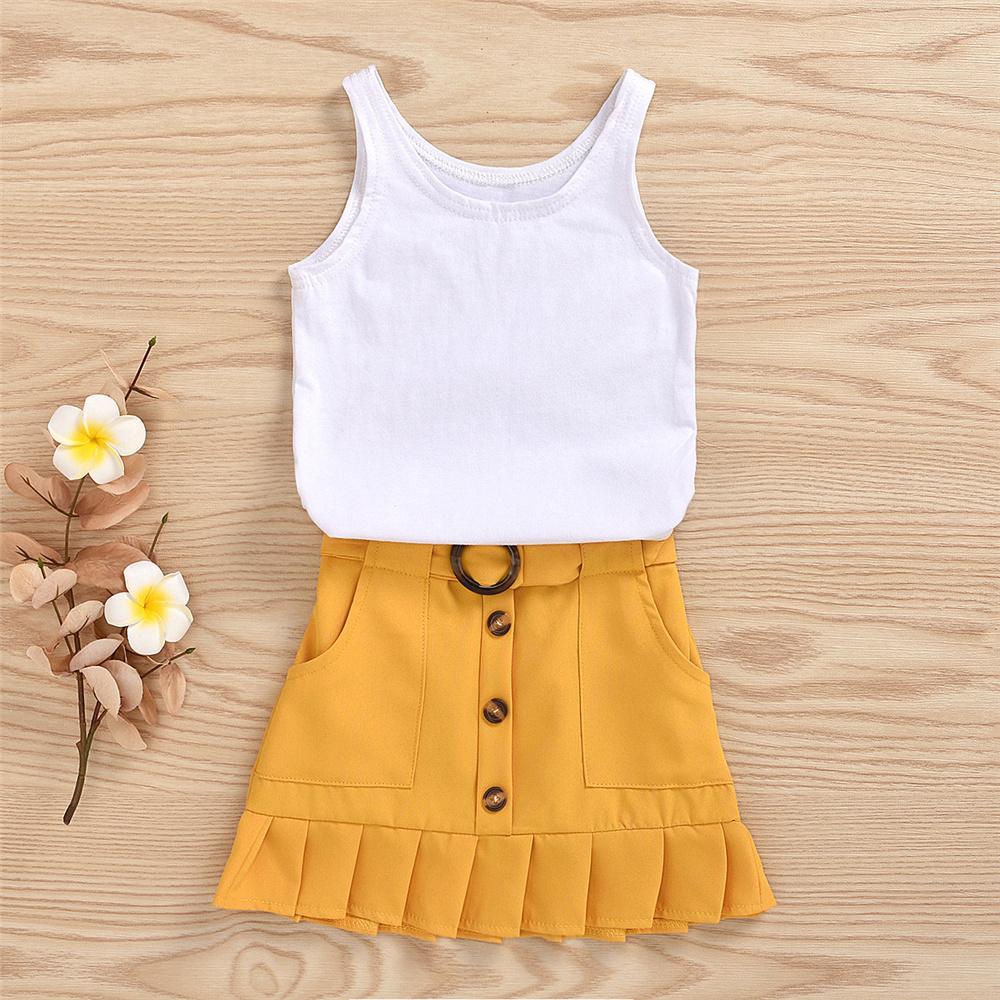 Girls Sleeveless Solid Vest & Button Skirt Girls Clothing Wholesalers - PrettyKid