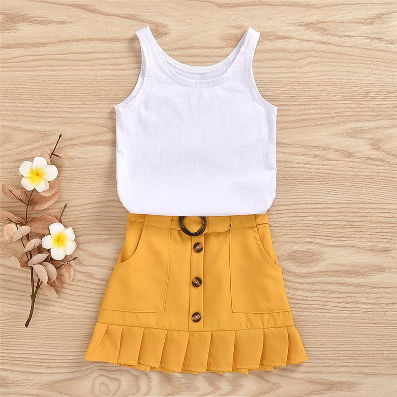 Girls Sleeveless Solid Vest & Button Skirt Girls Clothing Wholesalers - PrettyKid