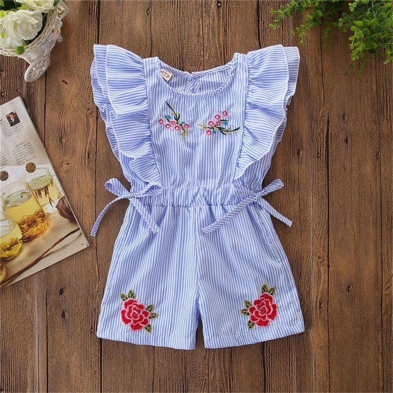 Girls Sleeveless Striped Embroidered Bow Decor Jumpsuit Wholesale Girl Clothing - PrettyKid