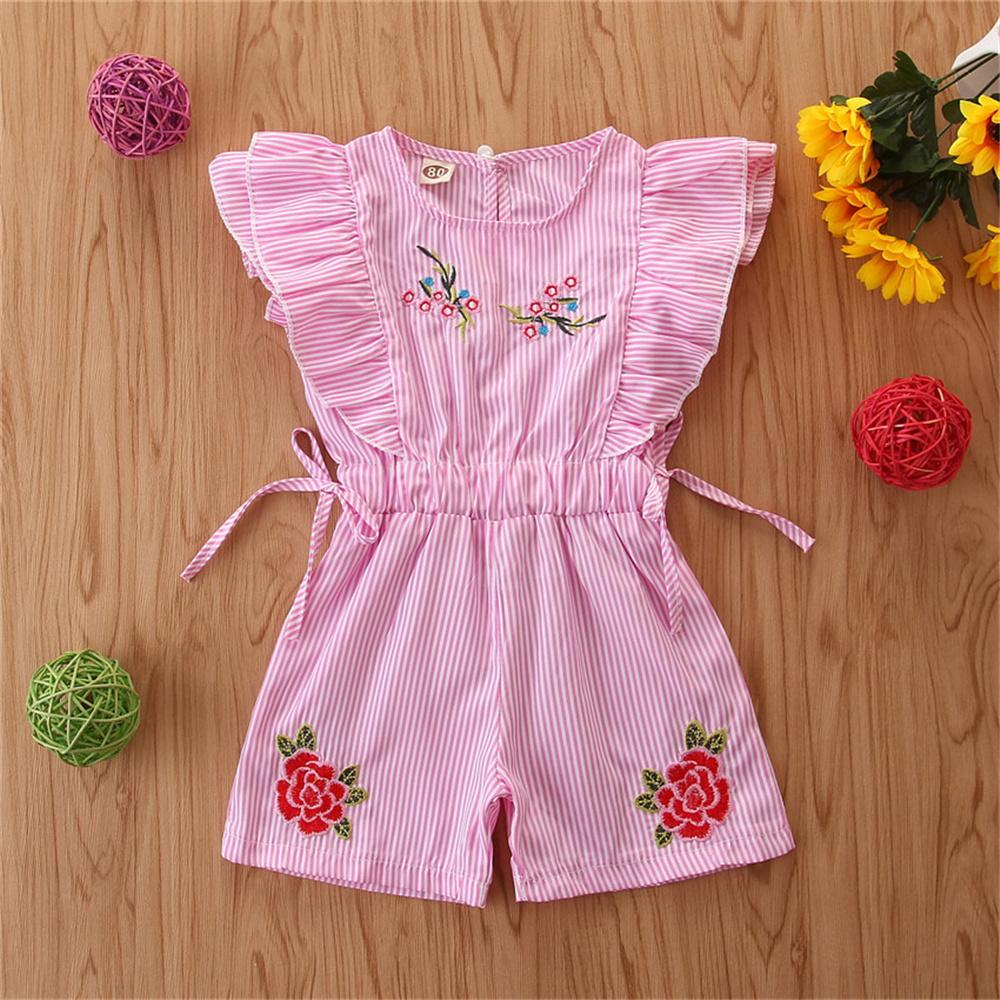 Girls Sleeveless Striped Embroidered Bow Decor Jumpsuit Wholesale Girl Clothing - PrettyKid