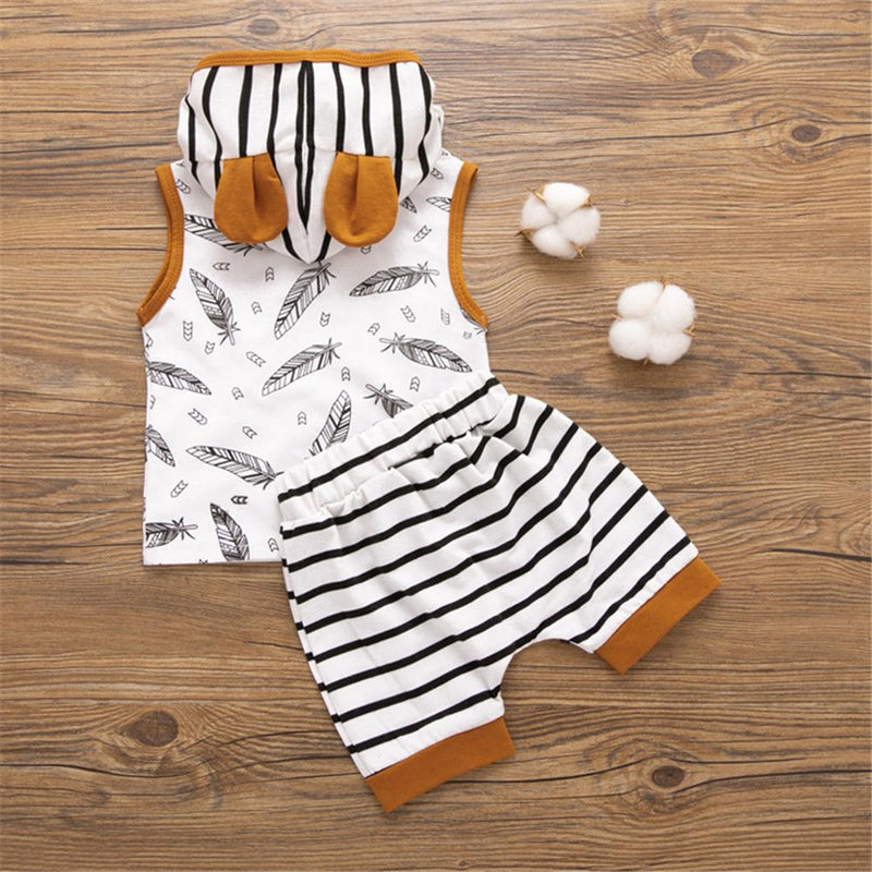 Baby Boys Sleeveless Striped Feather Printed Hooded Top & Shorts Baby Clothing In Bulk - PrettyKid
