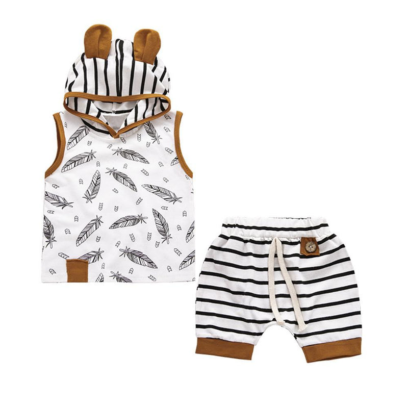 Baby Boys Sleeveless Striped Feather Printed Hooded Top & Shorts Baby Clothing In Bulk - PrettyKid