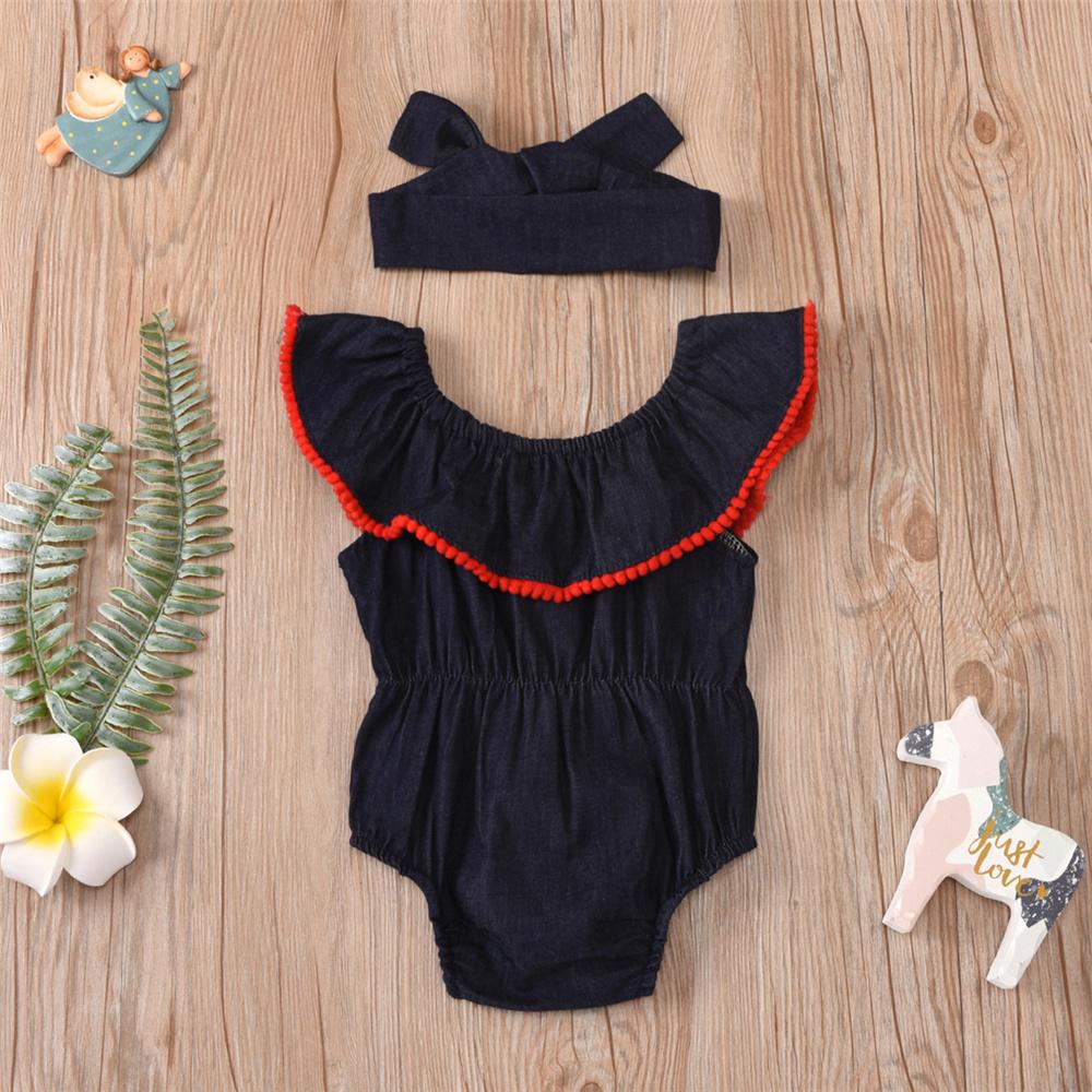 Girls Sleeveless Summer Denim Romper & Headband Baby Romper Wholesale - PrettyKid