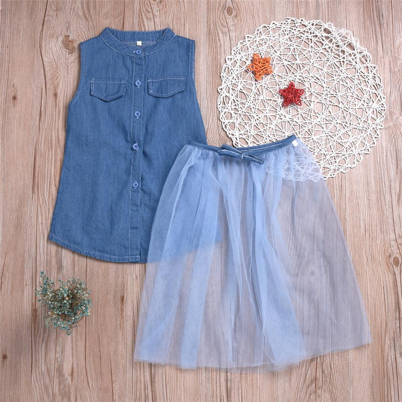 Girls Sleeveless Summer Solid Color Button Top & Mesh Skirt Childrens Wholesale Suppliers - PrettyKid