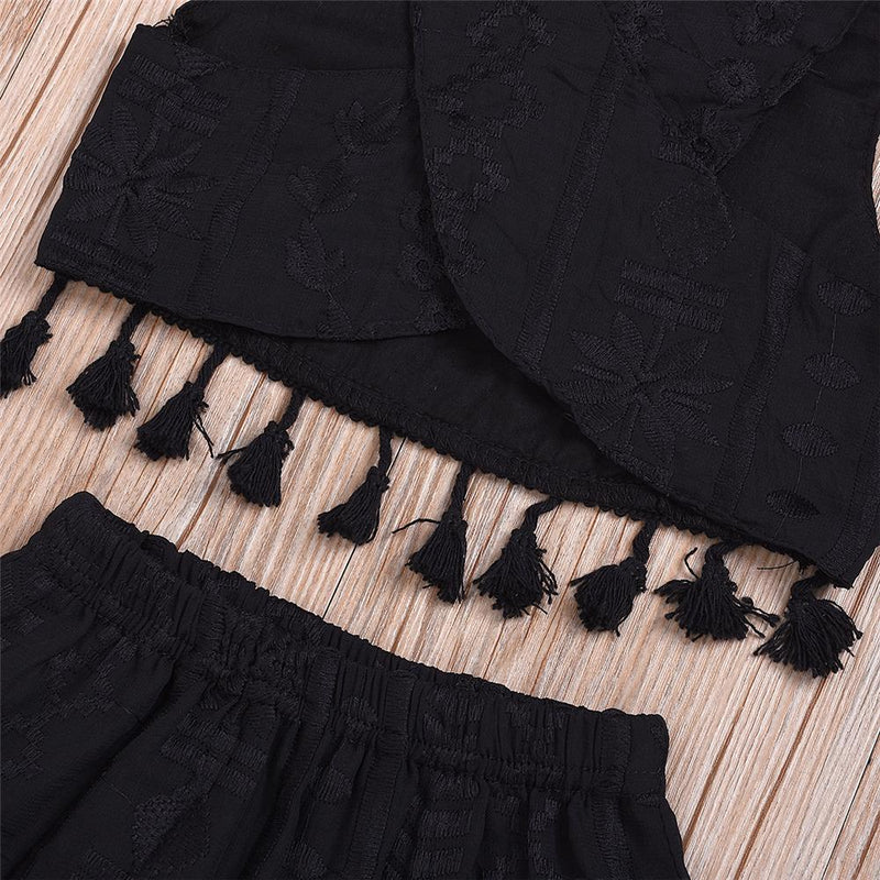 Girls Sleeveless Tassel Solid Color Top & Shorts Girls Clothing Wholesale - PrettyKid