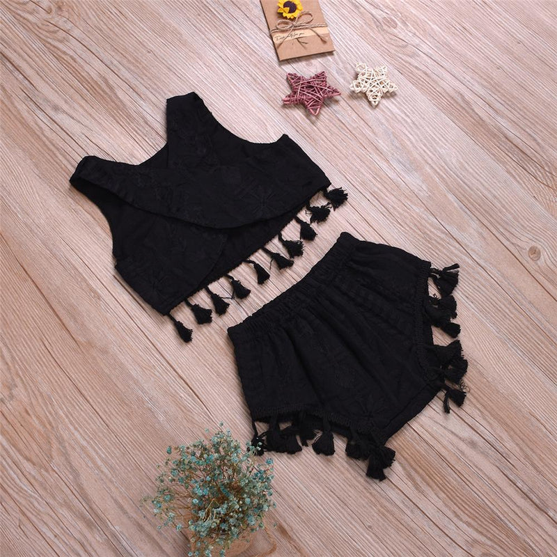 Girls Sleeveless Tassel Solid Color Top & Shorts Girls Clothing Wholesale - PrettyKid