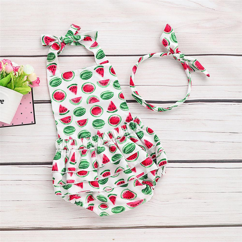 Baby Girls Sleeveless Watermelon Printed Romper & Headband Bulk Baby Clothes Online - PrettyKid