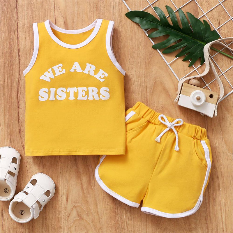 Toddler Girls Sleeveless We Are Sisters Printed Top & Shorts boy designer clothes wholesale - PrettyKid