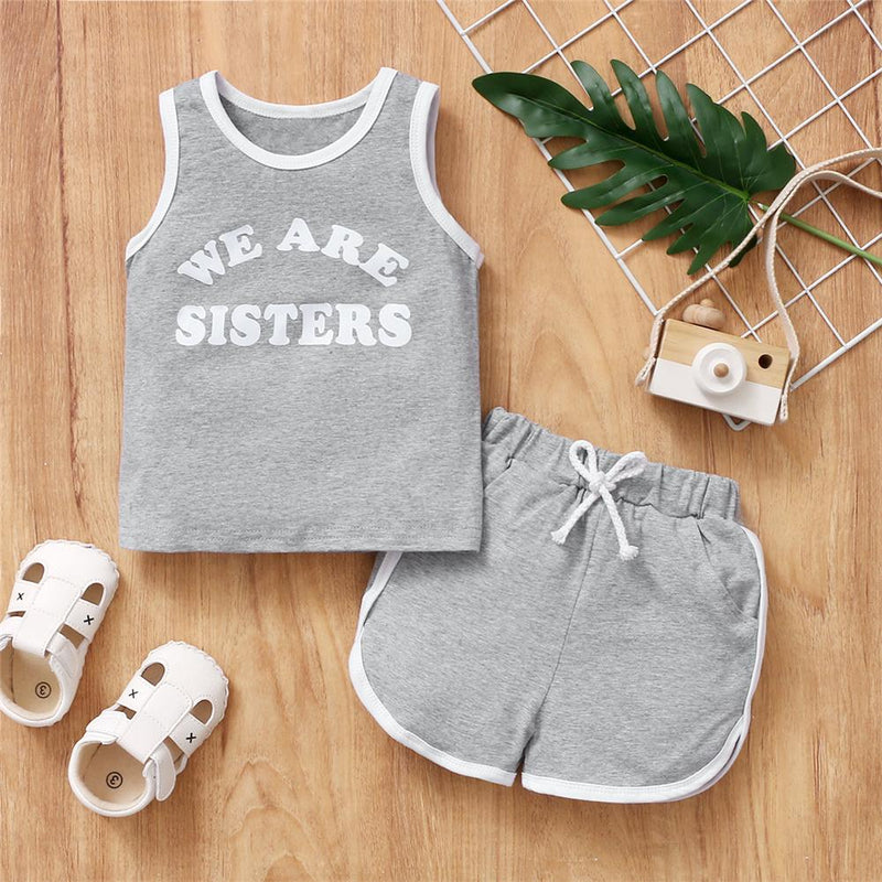 Toddler Girls Sleeveless We Are Sisters Printed Top & Shorts boy designer clothes wholesale - PrettyKid