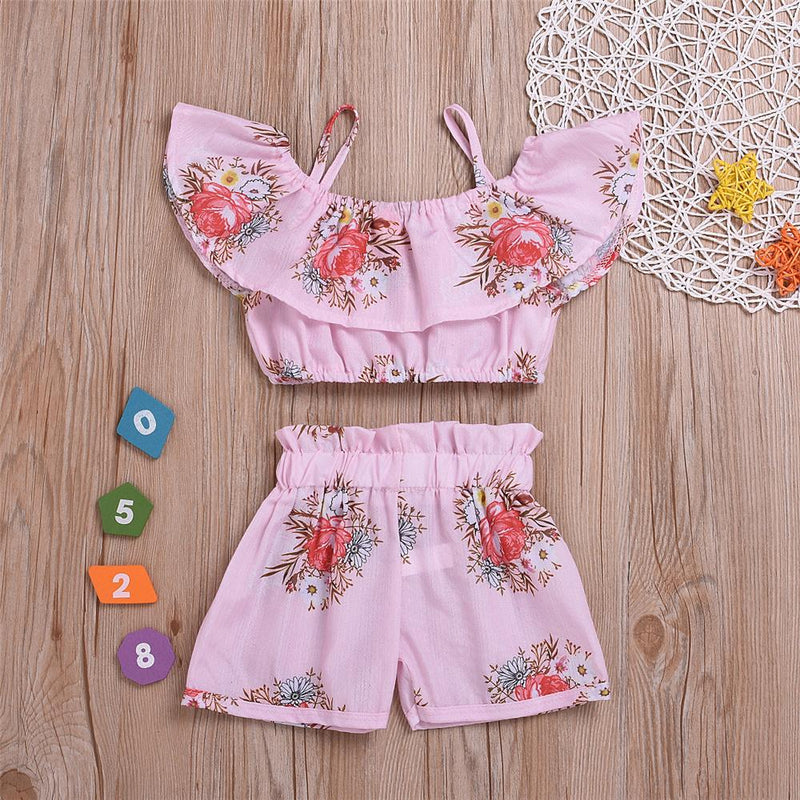 Girls Sling Floral Printed Lotus Leaf Collar Top & Shorts Wholesale Girl clothes - PrettyKid