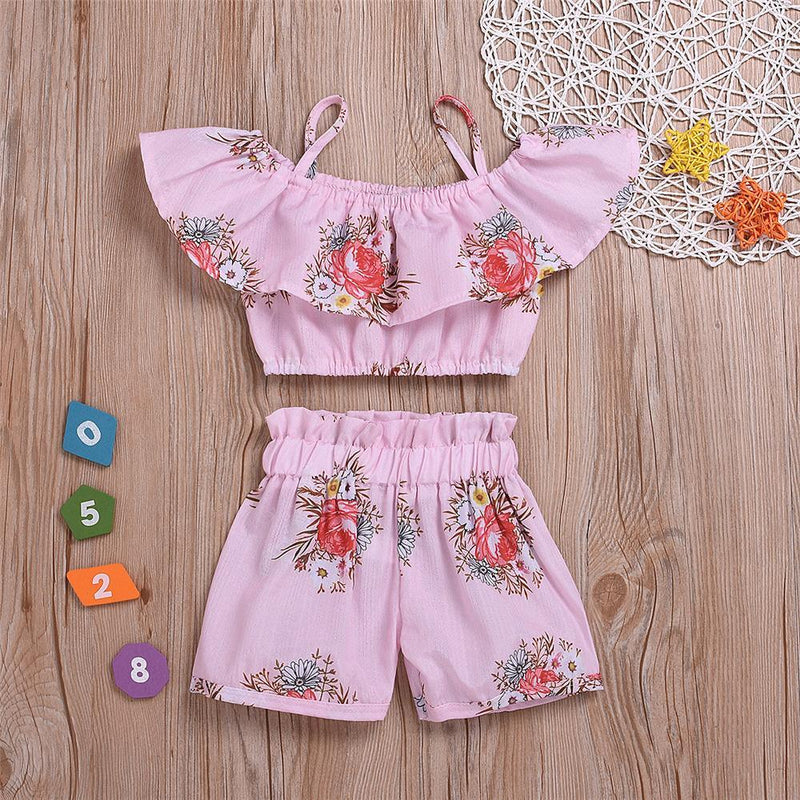 Girls Sling Floral Printed Lotus Leaf Collar Top & Shorts Wholesale Girl clothes - PrettyKid