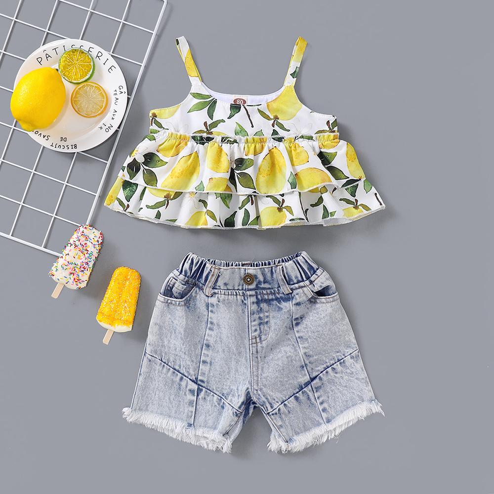 Baby Girls Sling Lemon Printed Top & Denim Shorts Wholesale Clothing For Girls - PrettyKid