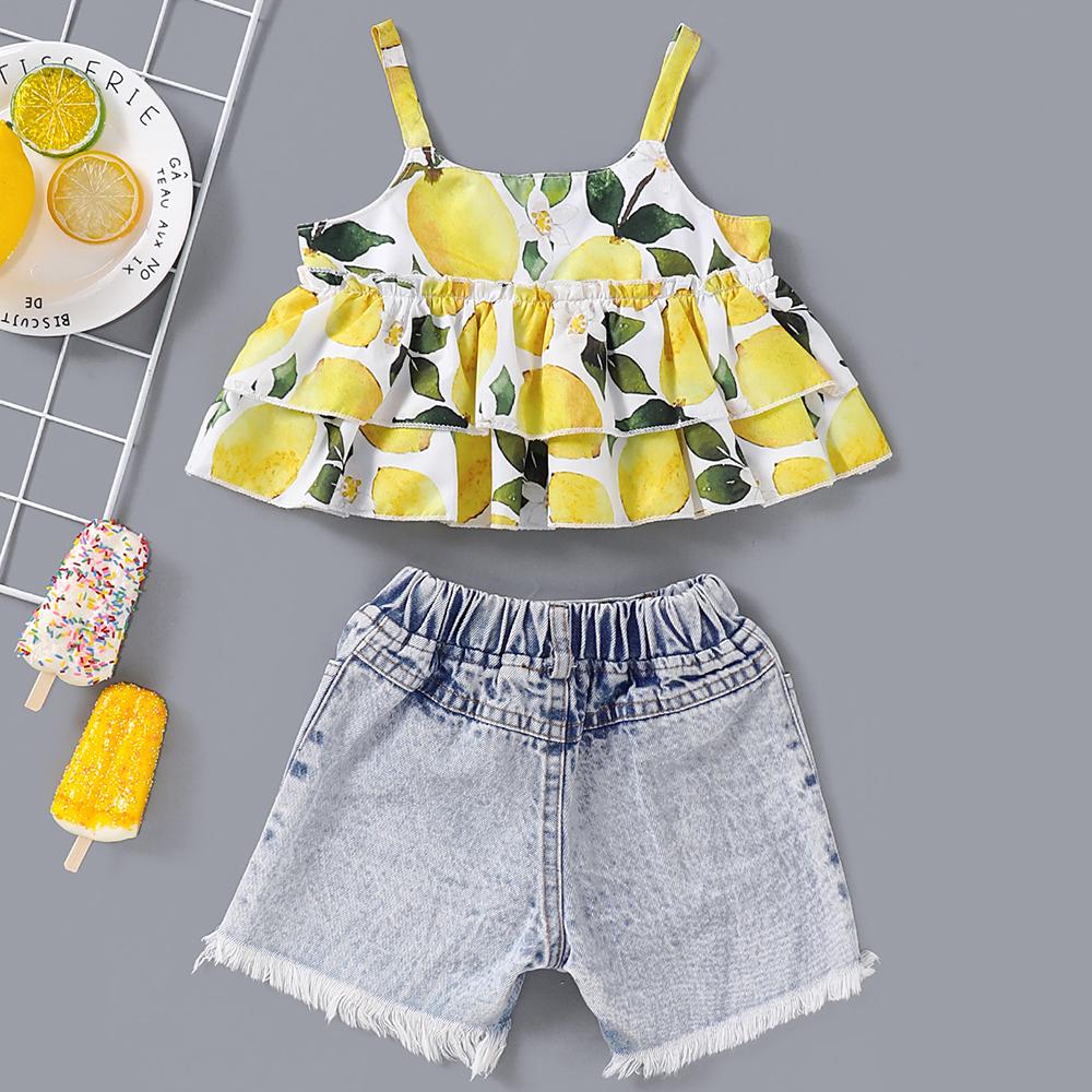 Baby Girls Sling Lemon Printed Top & Denim Shorts Wholesale Clothing For Girls - PrettyKid