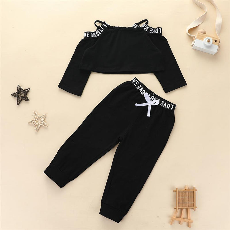 Girls Sling Off Shoulder Letter Printed Long Sleeve Tracksuit Baby Girl Tracksuits - PrettyKid