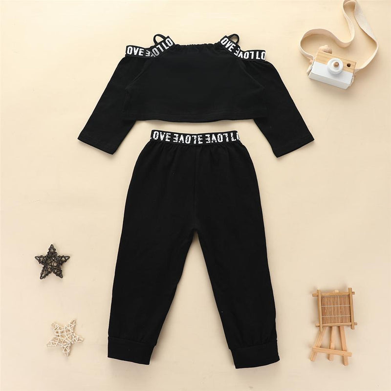 Girls Sling Off Shoulder Letter Printed Long Sleeve Tracksuit Baby Girl Tracksuits - PrettyKid