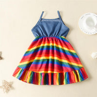 Girls Sling Striped Splicing Rainbow Dress Wholesale Little Girls clothing - PrettyKid