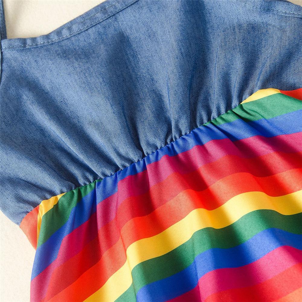 Girls Sling Striped Splicing Rainbow Dress Wholesale Little Girls clothing - PrettyKid