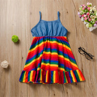 Girls Sling Striped Splicing Rainbow Dress Wholesale Little Girls clothing - PrettyKid