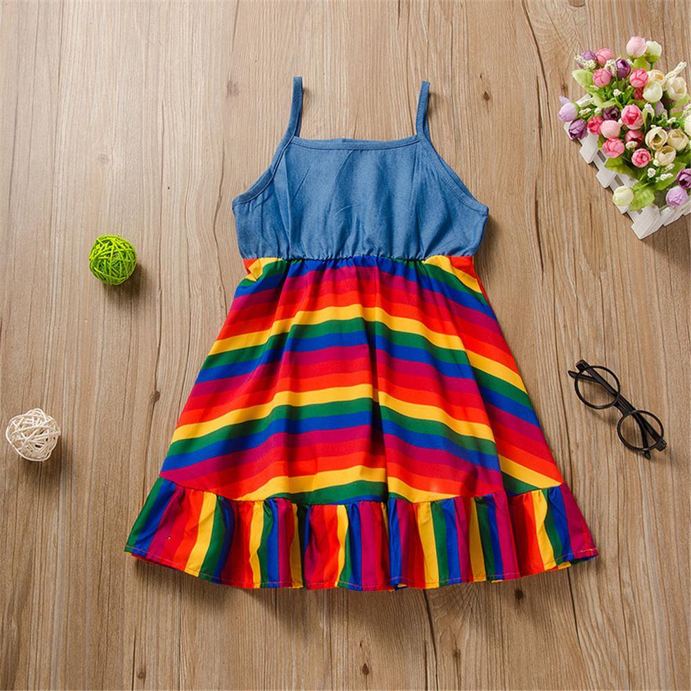 Girls Sling Striped Splicing Rainbow Dress Wholesale Little Girls clothing - PrettyKid