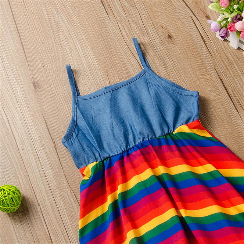 Girls Sling Striped Splicing Rainbow Dress Wholesale Little Girls clothing - PrettyKid