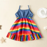 Girls Sling Striped Splicing Rainbow Dress Wholesale Little Girls clothing - PrettyKid