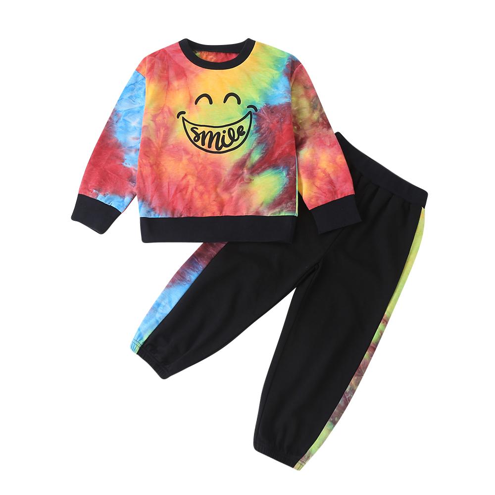 Girls Smile Letter Printed Tie-dye Long Sleeve Top & Pants - PrettyKid