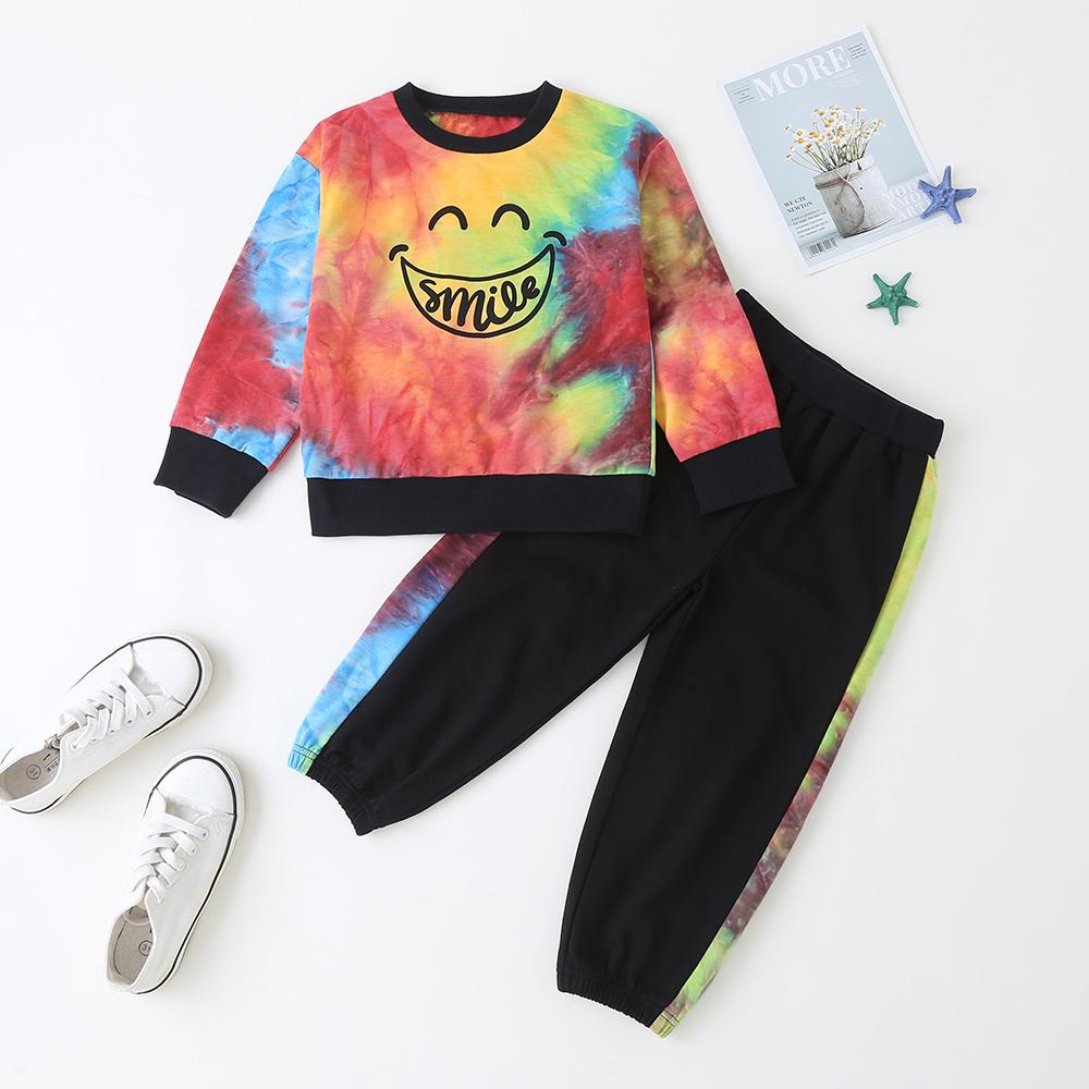 Girls Smile Letter Printed Tie-dye Long Sleeve Top & Pants - PrettyKid