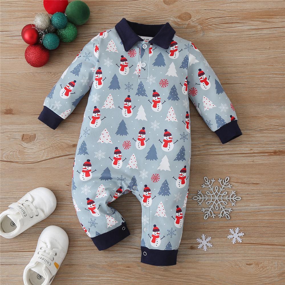 Baby Boys Snowman Lapel Long Sleeve Romper Wholesale Baby Outfits - PrettyKid