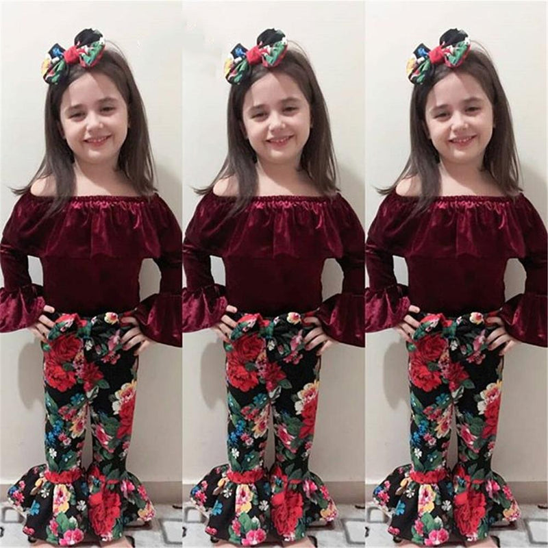 Toddler Girls Soft Flare Sleeve Off Shoulder Top & Floral Bell Pants Wholesale - PrettyKid