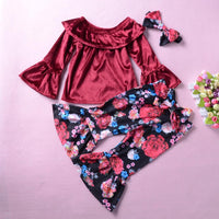 Toddler Girls Soft Flare Sleeve Off Shoulder Top & Floral Bell Pants Wholesale - PrettyKid