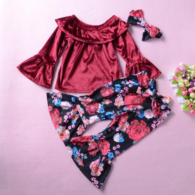 Toddler Girls Soft Flare Sleeve Off Shoulder Top & Floral Bell Pants Wholesale - PrettyKid