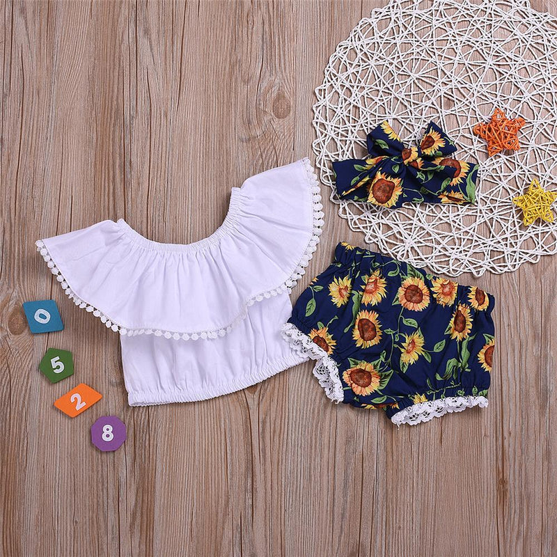 Baby Girls Solid Ball Collar Top & Floral Printed Shorts & Headband Cheap Bulk Baby Clothes - PrettyKid