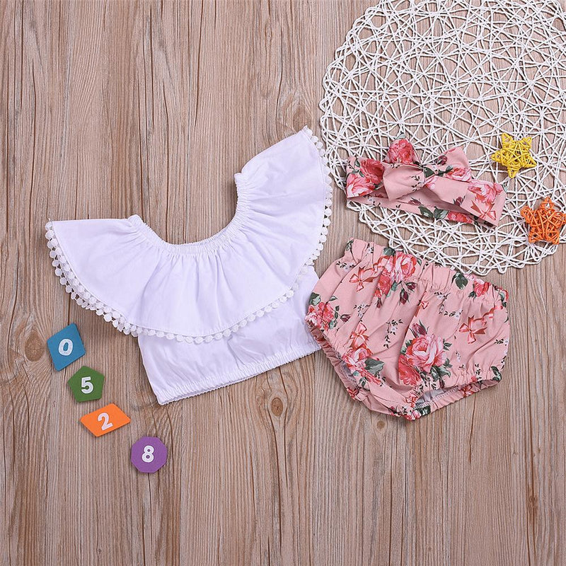Baby Girls Solid Ball Collar Top & Floral Printed Shorts & Headband Cheap Bulk Baby Clothes - PrettyKid
