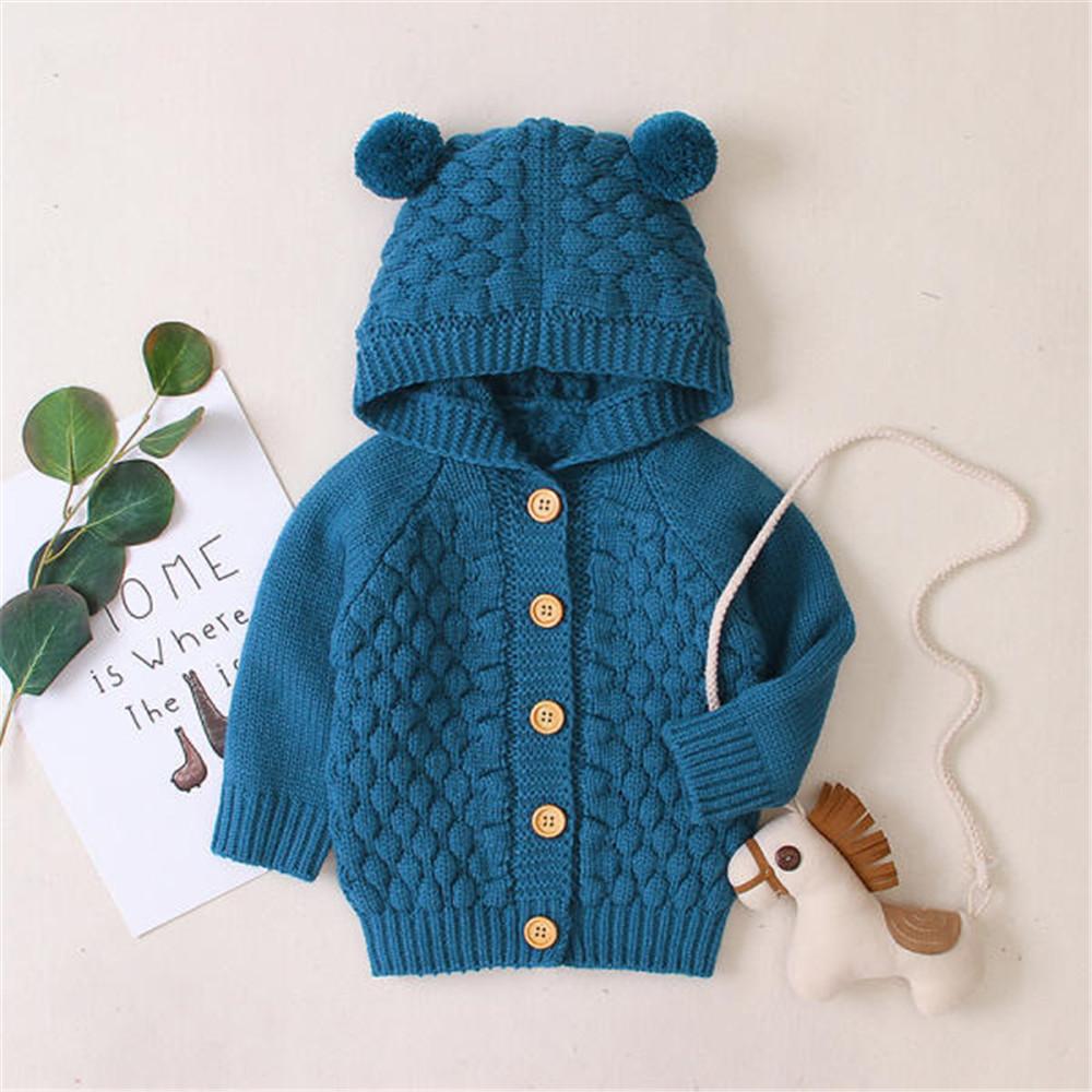 Baby Solid Bear Long Sleeve Hooded Sweaters - PrettyKid