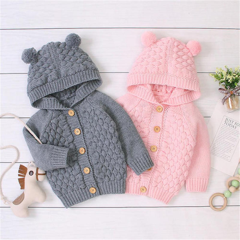 Baby Solid Bear Long Sleeve Hooded Sweaters - PrettyKid