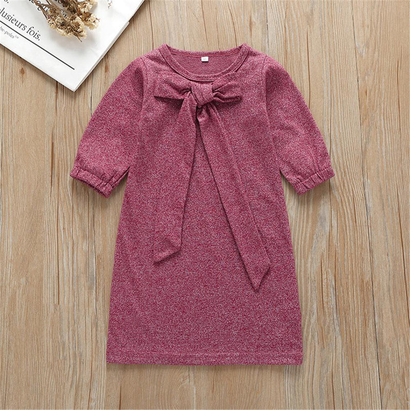 Girls Solid Bow Decor Long Sleeve Dress Baby Girl Wholesale Boutique - PrettyKid