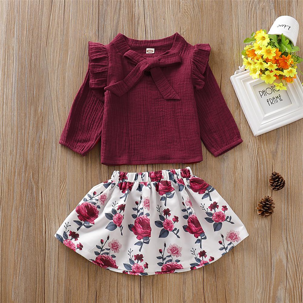 Girls Solid Bow Decor Long Sleeve Tops & Floral Skirts - PrettyKid