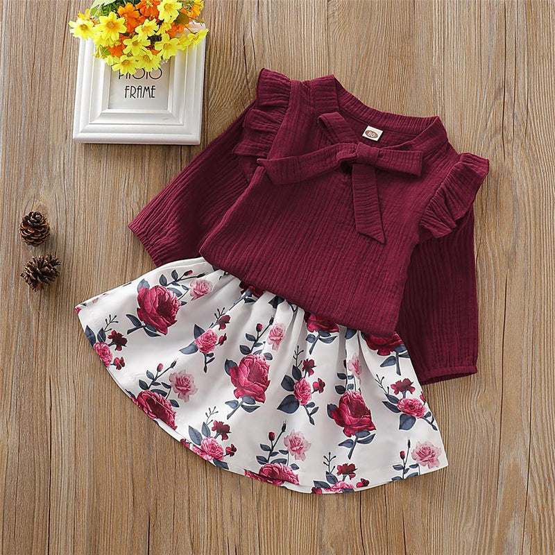 Girls Solid Bow Decor Long Sleeve Tops & Floral Skirts - PrettyKid