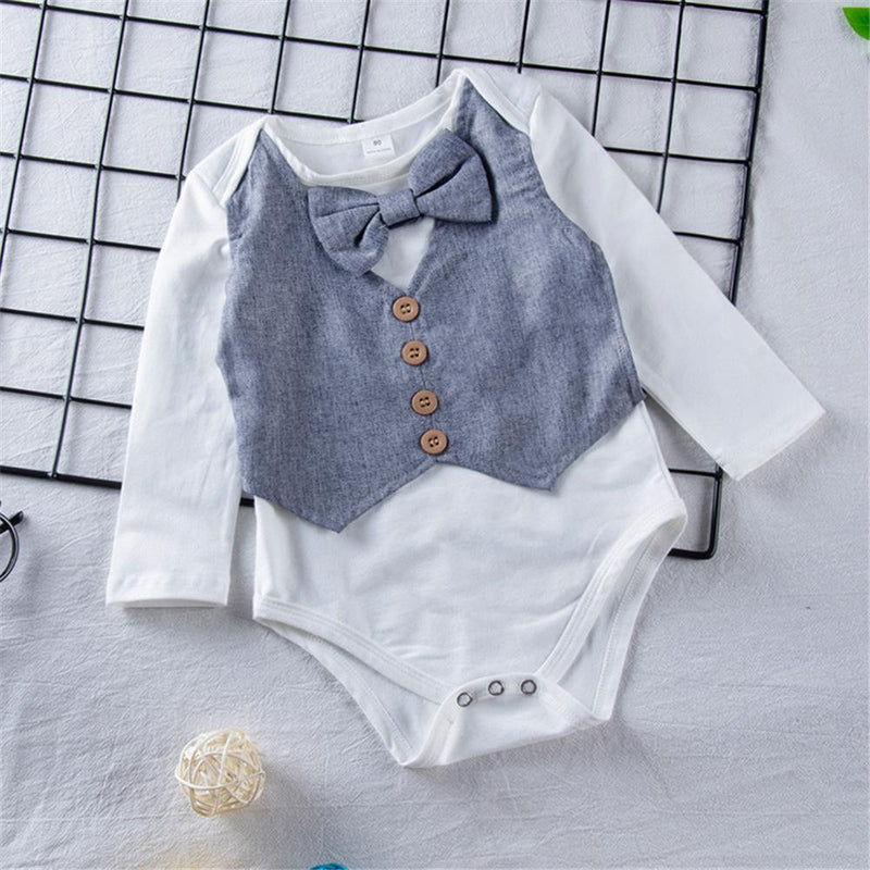 Baby Boys Solid Bow Long Sleeve Romper & Pants Baby Wholesales - PrettyKid