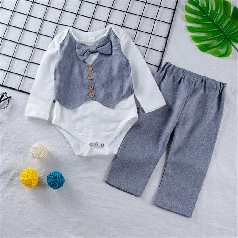 Baby Boys Solid Bow Long Sleeve Romper & Pants Baby Wholesales - PrettyKid